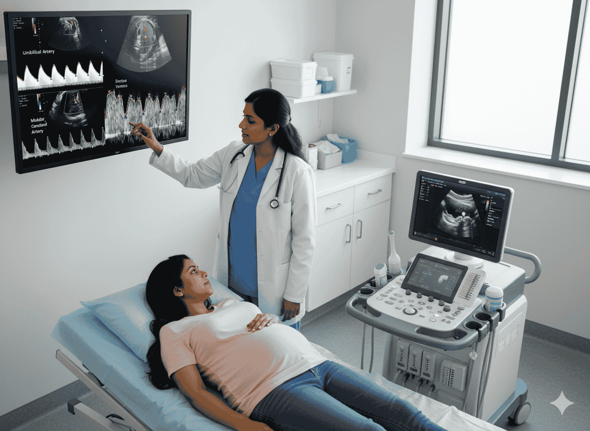 Fetal Doppler ultrasound showing blood flow patterns